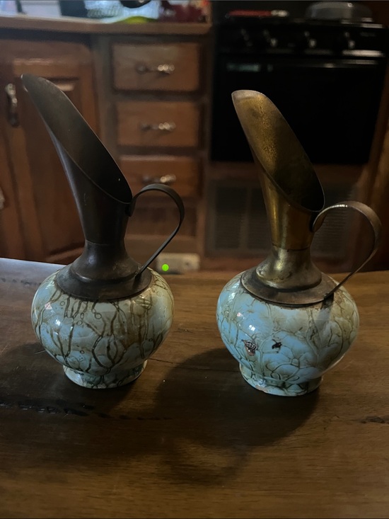 Hand Crafted Other - Ceramic & Brass Vintage Ewers - Light Blue Crackle Glaze. I have two.